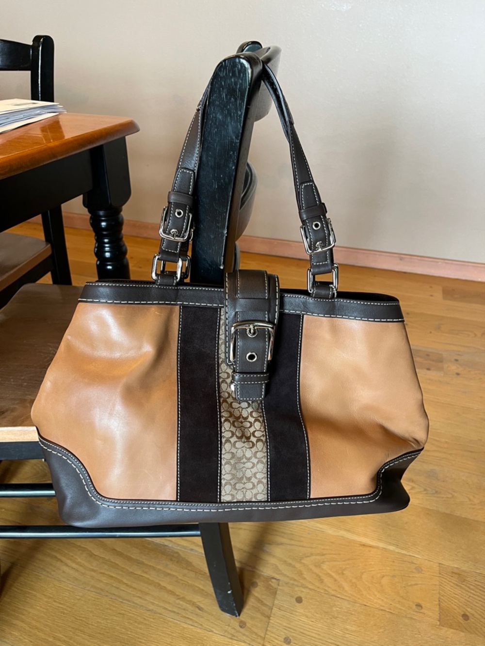 Coach Tan and Dark Brown Leather Shoulder Bag with Signature Stripe